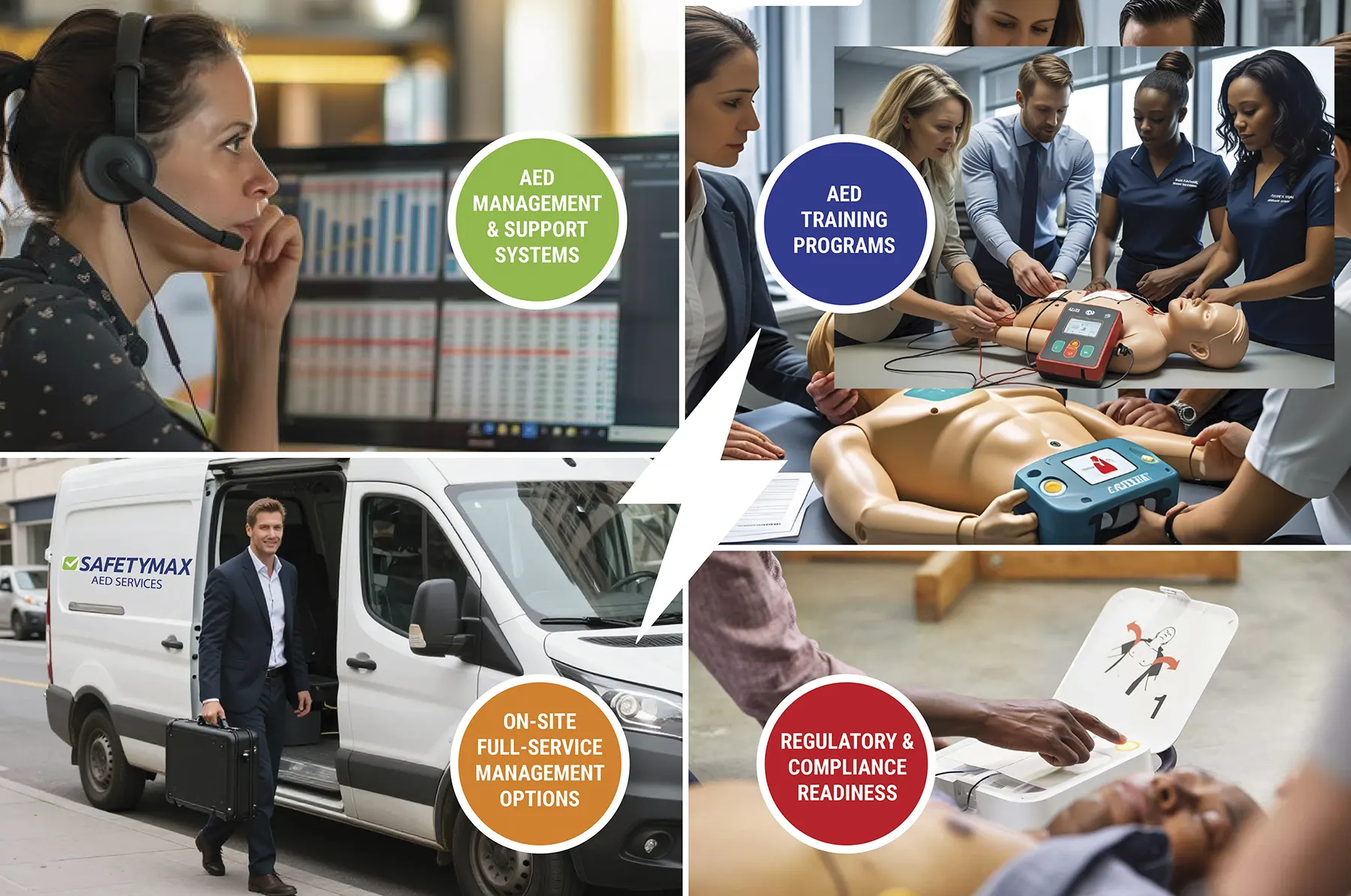 aed-infographic-4 AED Customer support person monitoring AED Management System on computer, AED training Session, AED on-site technician walking to perform AED maintenance, AED Emergency use on unconcious employee